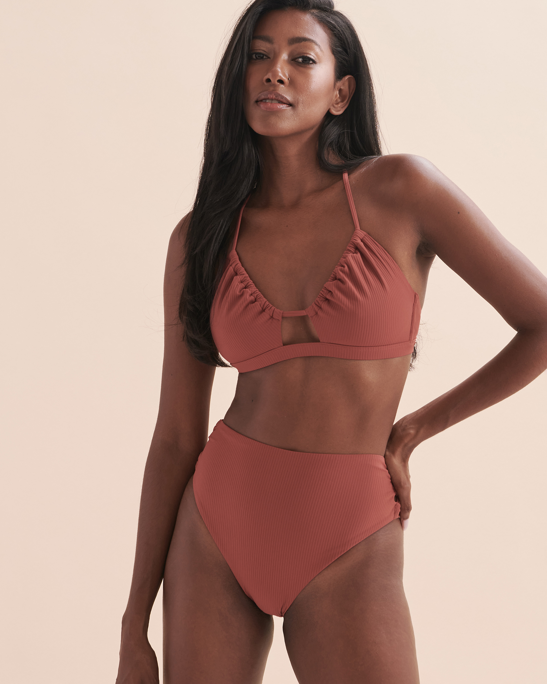 TROPIK Textured Side Tie High Waist Bikini Bottom Brown Bikini Village