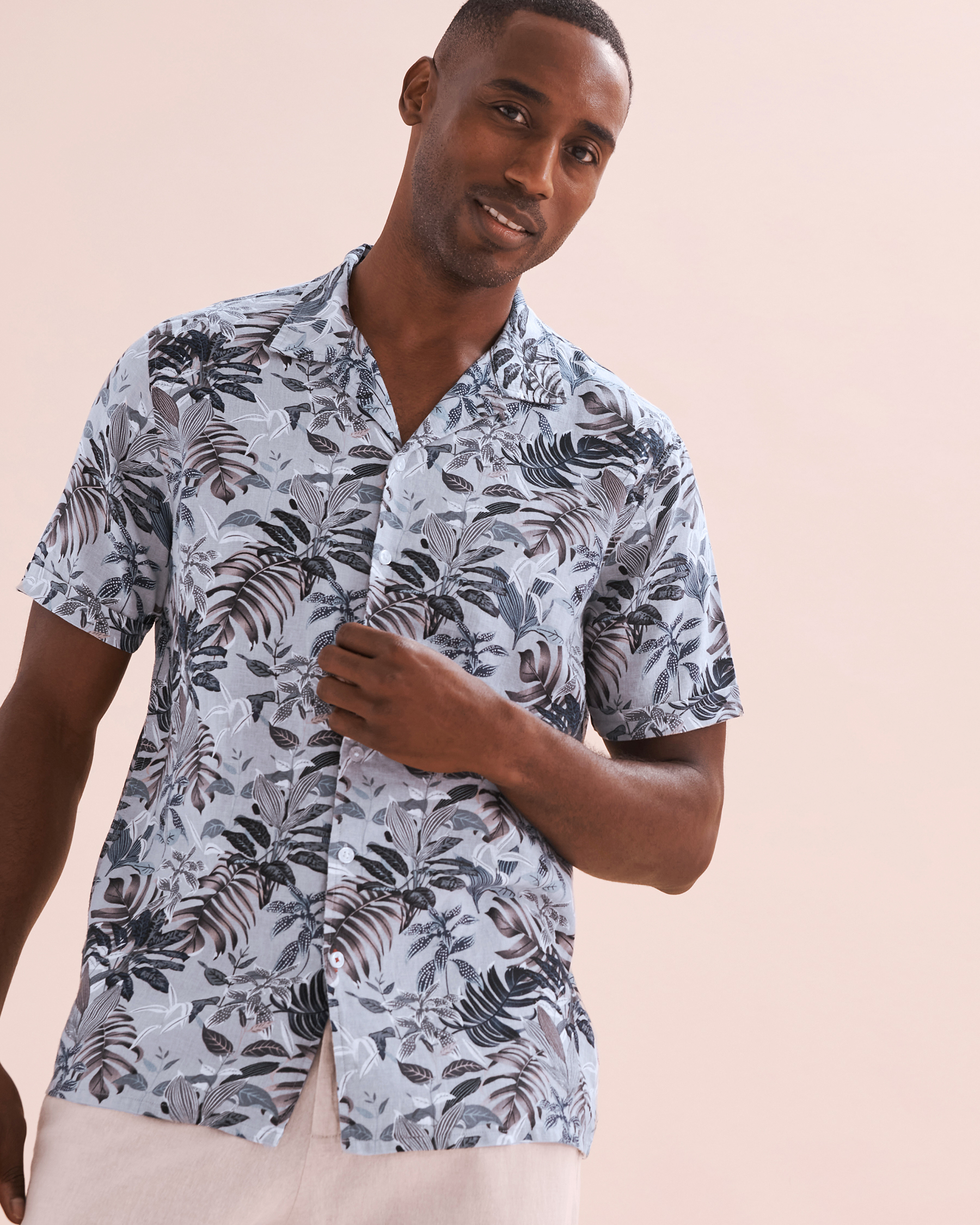 PUBLIC BEACH Linen Printed Short Sleeve Shirt Grey Leaves PB7217BIK - View1