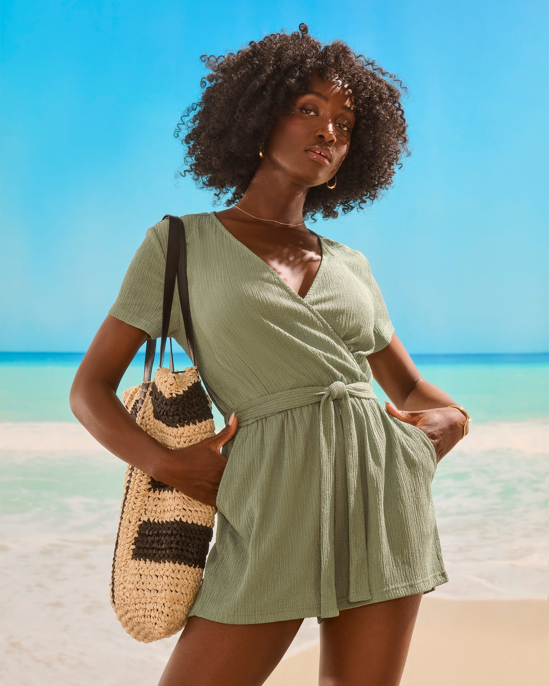 MY BIKINI STORY Textured Short Sleeve Romper Hedge Green 02300142 - View1