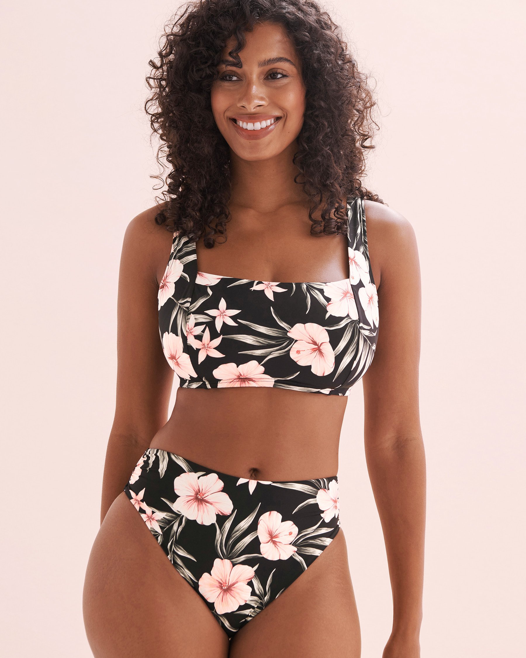 EAU DE SEA Tropical Hibiscus D Cup Bralette Bikini Top Black Hibiscus Print 01200087 - View1